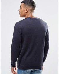 Asos Brand Crew Neck Sweater In Navy Cotton With Logo