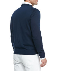 Neiman Marcus Cotton Crewneck Pullover Sweater Navy Blue