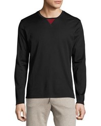 Salvatore Ferragamo Mercerized Silk Cotton Long Sleeve T Shirt With Contrast Trim Navy