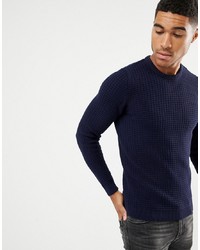 ASOS DESIGN Muscle Fit Waffle Textured Jumper In Navy