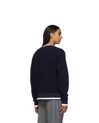 Thom Browne Navy Waffle Wool Relaxed Fit Crewneck Sweater