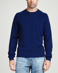 Neiman Marcus Contrast Tipped Cashmere Pique Sweater Navy
