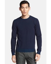 Z Zegna Two Tone Silk Cotton Crewneck Sweater Navy Solid X Large