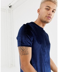 ASOS DESIGN Longline Velour T Shirt In Navy