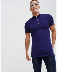 ASOS DESIGN Muscle Fit Longline Zip Neck Turtle Neck T Shirt With Curved Hem In Blue