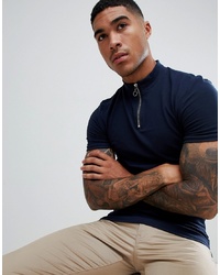 ASOS DESIGN Muscle Fit T Shirt With Zip Turtle Neck In Navy