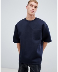ASOS DESIGN Oversized T Shirt With Half Sleeve In Scuba Fabric With Pocket In Navy