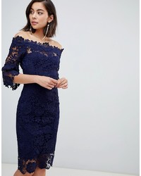Paper Dolls Off Shoulder Crochet Dress With Frill Sleeve In Navy