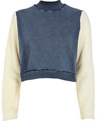 River Island Blue Fleece Sleeve Acid Wash Crop Sweatshirt