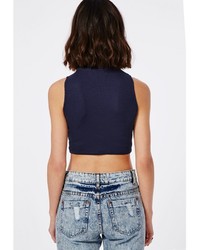 Missguided High Neck Ribbed Jersey Sleeveless Crop Top Navy