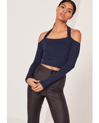 Missguided Ribbed Supported Bardot Crop Top Navy