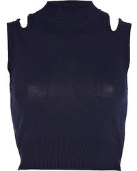 River Island Navy Cut Out Shoulder Knitted Crop Top