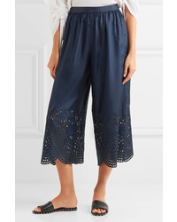 Alice + Olivia Alice Olivia Eden Cropped Broderie Anglaise Trimmed Silk Satin Pants Navy