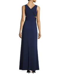Laundry by Shelli Segal Side Cutouts V Neck Gown Dark Blue