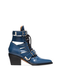 Navy Cutout Leather Lace-up Ankle Boots
