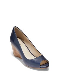 Navy Cutout Leather Wedge Pumps