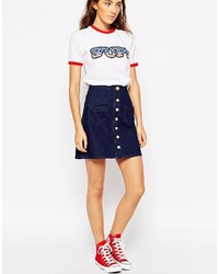 Asos Collection Denim A Line Mini Skirt With Button Front And Pockets In Indigo