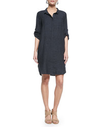 Eileen Fisher 34 Sleeve Organic Linen Henley Dress Denim