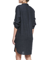 Eileen Fisher 34 Sleeve Organic Linen Henley Dress Denim Petite