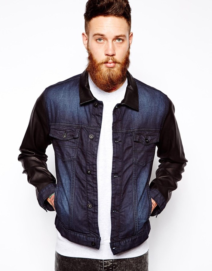 Asos Coated Denim Jacket With Leather Look Sleeves Blue | Where to buy ...