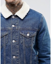 Asos Brand Denim Jacket With Fleece Collar In Mid Wash