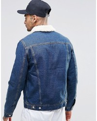 Asos Brand Denim Jacket With Fleece Collar In Mid Wash