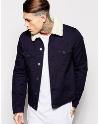 Asos Brand Denim Jacket With Fleece Collar In Navy