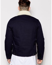 Asos Brand Denim Jacket With Fleece Collar In Navy