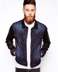 Asos Coated Denim Jacket With Leather Look Sleeves Blue