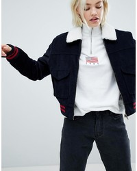 ASOS DESIGN Cord Jacket In Navy With Tipping