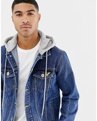 Voi Jeans Denim Jacket With Hood In Mid Blue