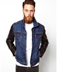 Asos Denim Jacket With Leather Look Sleeves Blue
