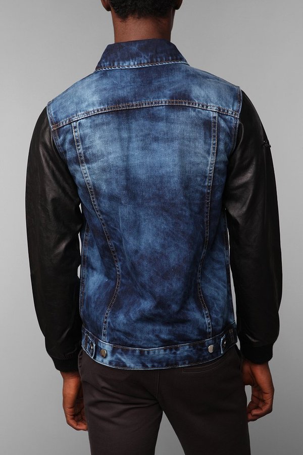 Black Apple Faux-Leather Sleeve Broadway Denim Jacket in Blue for Men