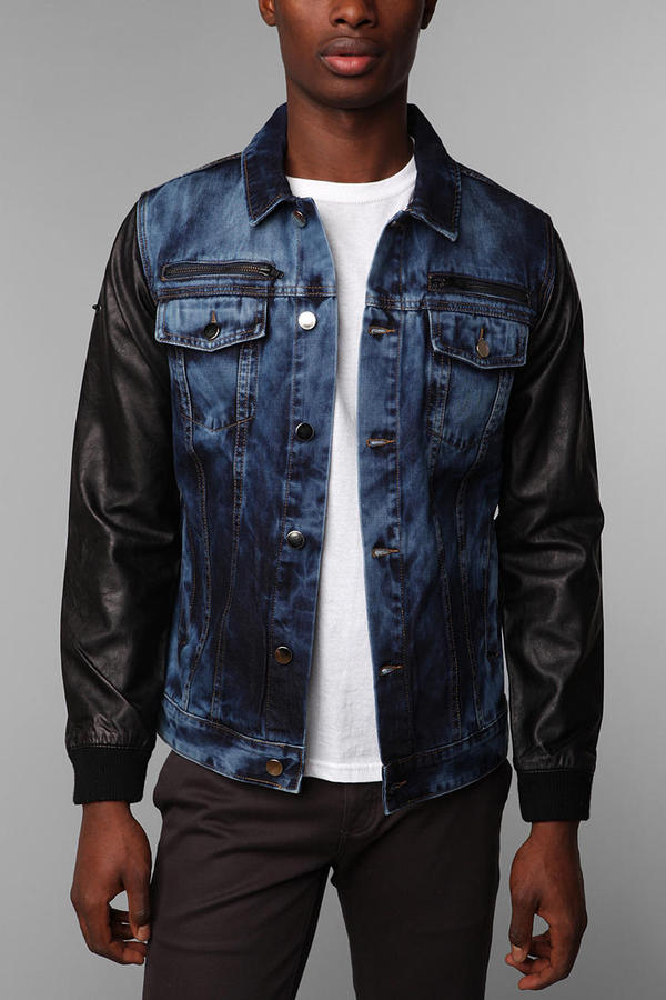 Black Apple Faux-Leather Sleeve Broadway Denim Jacket in Blue for Men