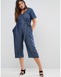 Asos Curve Curve Denim Jumpsuit In Dark Wash Blue With Belt