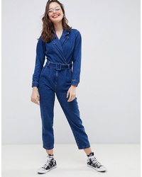 ASOS DESIGN Denim Blazer Jumpsuit In Midwash Blue