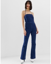 ASOS DESIGN Denim Flared Jumpsuit With Strappy Back In Bright Blue