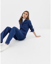 ASOS DESIGN Flare Boilersuit With Patch Pockets In Midwash Blue