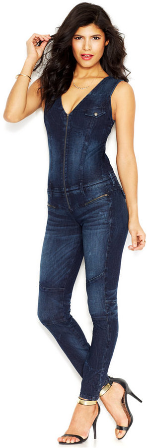 GUESS Women's Judd Lace-Up-Back Zip-Front Denim Jumpsuit - Macy's
