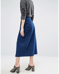 Asos Denim Midi Wrap Skirt With Raw Hem In Dark Wash Blue
