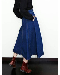 Choies High Waist Denim Midi Skater Skirt In Blue Blue