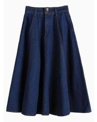 Choies High Waist Denim Midi Skater Skirt In Blue Blue