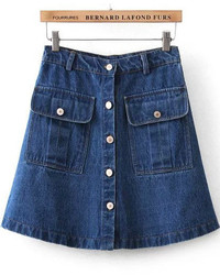 Navy Buttons Pockets Denim Skirt