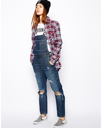 Asos Petite Dark Wash Denim Overalls With Busted Knee