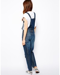 Asos Petite Dark Wash Denim Overalls With Busted Knee