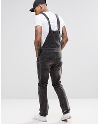 Asos Brand Denim Overalls With Rip Details In Washed Black