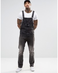 Asos Brand Denim Overalls With Rip Details In Washed Black
