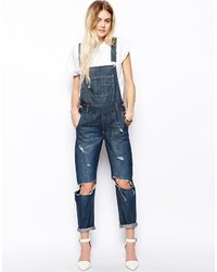 Asos Dark Wash Denim Overalls With Busted Knee Blue