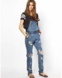 One Teaspoon Cobain Awesome Leather Denim Overall Blue