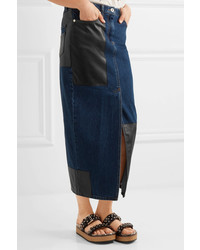MCQ Alexander Ueen Faux Leather Paneled Denim Midi Skirt Mid Denim